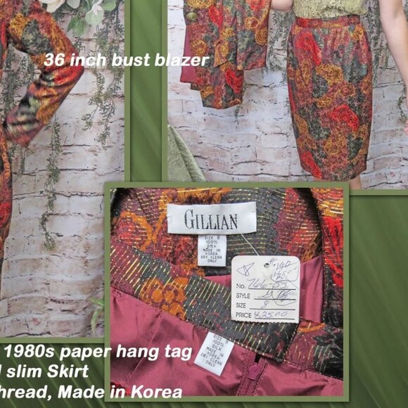 36 bust 2-piece silk suit GILLIAN logo 1980s paper hang tag, Tunic length Blazer - Picture 7 of 11